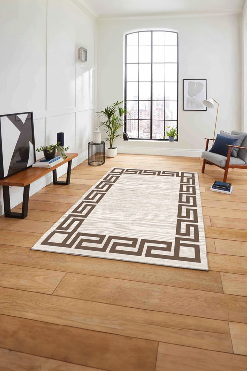 Çerçeveli Geometrik Kenar Detay Yıkanabilir Kaymaz Taban Yolluk Mutfak Salon Halısı