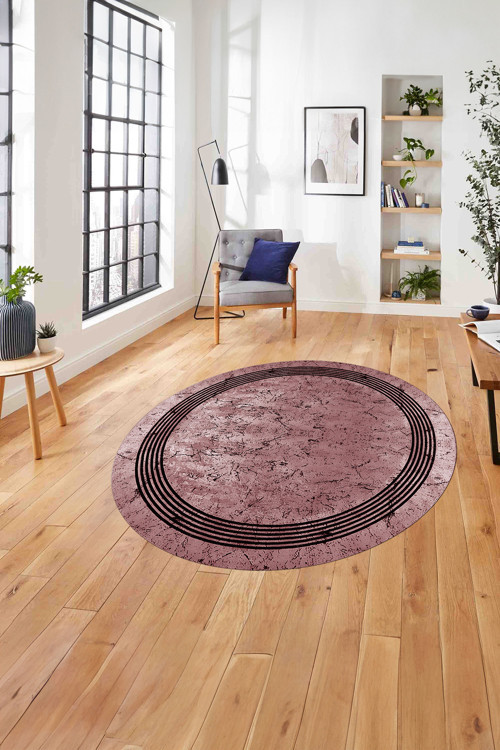 Çerçeveli Sade Mermer Desenli Yıkanabilir Kaymaz Taban Yuvarlak Salon Halısı