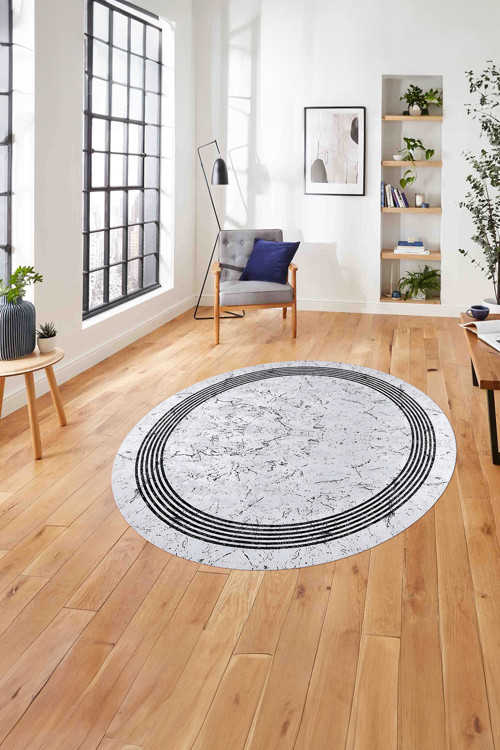 Çerçeveli Sade Mermer Desenli Yıkanabilir Kaymaz Taban Yuvarlak Salon Halısı