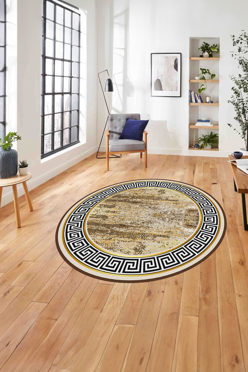 Çerçeveli Klasik Modern Baskılı Yıkanabilir Kaymaz Taban Yuvarlak Salon Halısı
