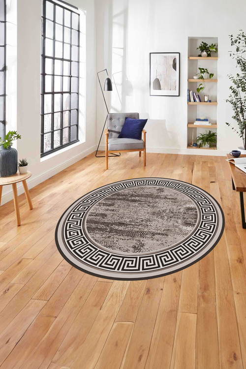 Çerçeveli Klasik Modern Baskılı Yıkanabilir Kaymaz Taban Yuvarlak Salon Halısı