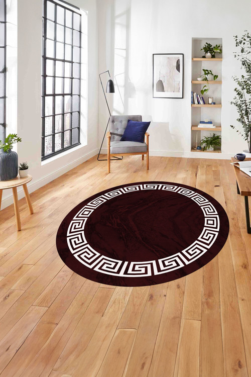 Çerçeveli Vektörel Çizgili Yıkanabilir Kaymaz Taban Yuvarlak Salon Halısı