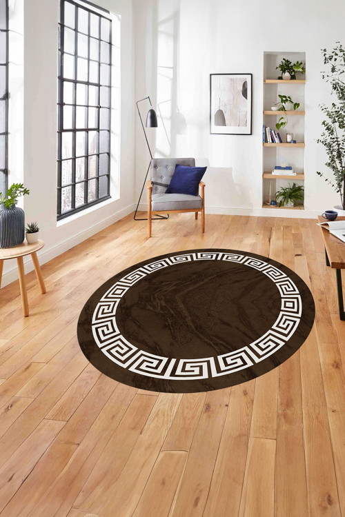 Çerçeveli Vektörel Çizgili Yıkanabilir Kaymaz Taban Yuvarlak Salon Halısı