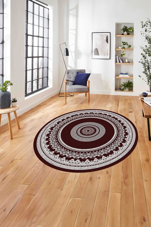 Çerçeveli Göbek Desenli Yıkanabilir Kaymaz Taban Yuvarlak Salon Halısı