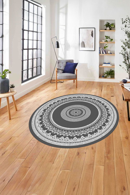 Çerçeveli Göbek Desenli Yıkanabilir Kaymaz Taban Yuvarlak Salon Halısı