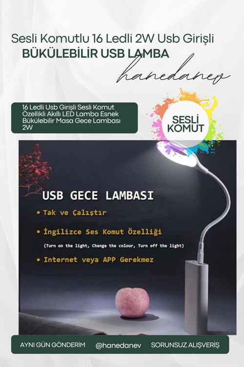 16 Ledli Usb Girişli Sesli Komut Özellikli Akıllı LED Lamba Esnek Bükülebilir Masa Gece Lambası 2W