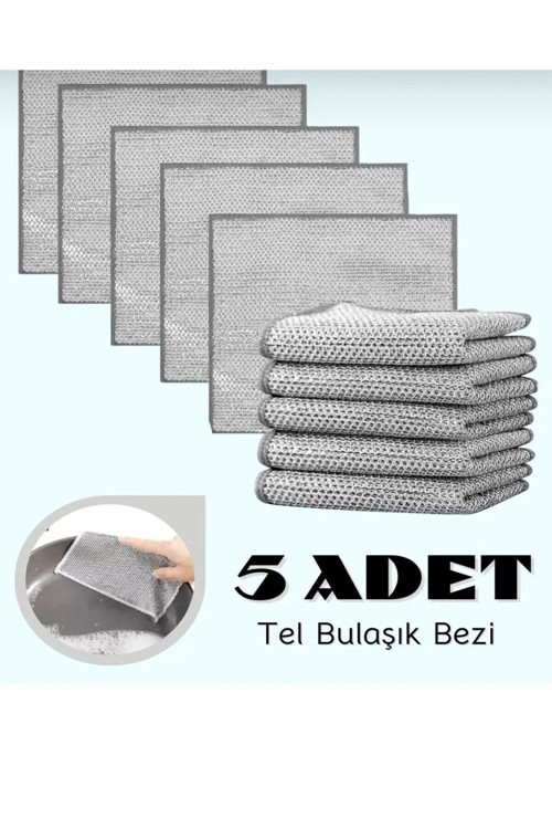 5 Adet Bez Telli Bulaşık Bezi, Zor Kir Bezi, Mutfak Banyo Bezi Çift Katlı Çok Amaçlı Tel Bezi M-602