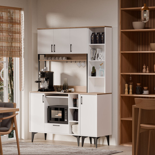 SET 5260-5261 COFFEMATE 140 CM KAHVE KÖŞESİ ÇOK AMAÇLI DOLAP 6 KAPAKLI KİLER MUTFAK DOLABI SEPET-BEYAZ
