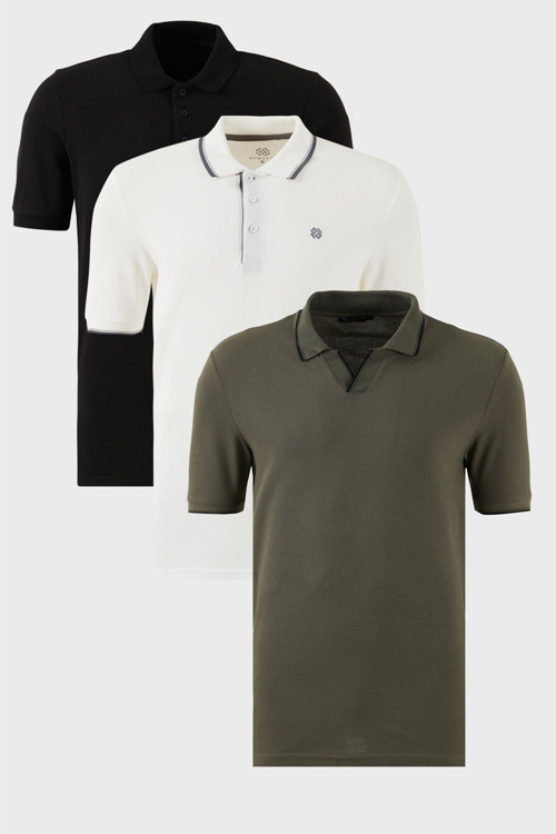Pamuklu Regular Fit 3'lü Paket Erkek Polo Yaka T Shirt 59029641827S3 Haki-Siyah-Beyaz