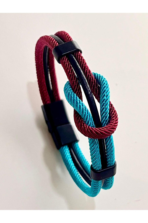 Çift Renkli El Yapımı Taraftar Bilekliği Makrome-%100 Deri Kombin Unisex Bileklik Net 21 Cm