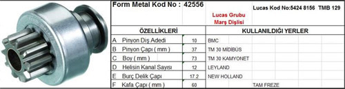 MARŞ DİŞLİSİ 10 DİŞ 12 KANAL LUCAS TİPİ BMC TM 30 MIDIBUS KAMYONET LEYLAND NEW HOLLAND TAM FREZE