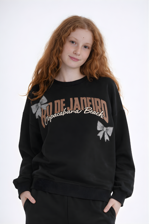 Kız Çocuk Yazı Baskılı Oversize Bol Paça Alt Üst Eşofman Takımı 8-9-10-11-12 Yaş