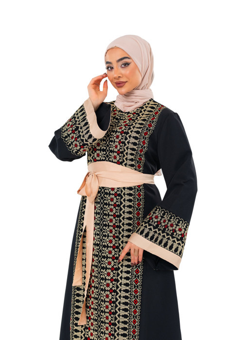 Uzun Kollu Tek Taraflı Nakışlı Kırmızı Kemerli Filistin Elbise C100057