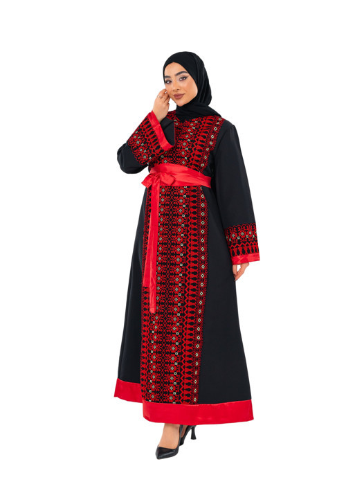 Uzun Kollu Tek Taraflı Nakışlı Kırmızı Kemerli Filistin Elbise C100057