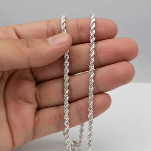 925 Ayar Gümüş Klasik Halat Zincir 3,7 mm Minimalist Rope Chain Kolye, Unisex Gümüş Zincir Kolye