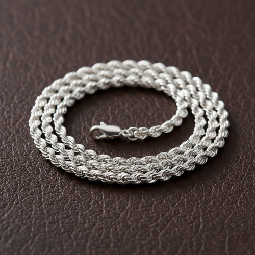 925 Ayar Gümüş Klasik Halat Zincir 3,7 mm Minimalist Rope Chain Kolye, Unisex Gümüş Zincir Kolye