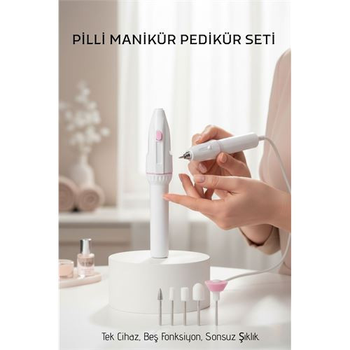 Profesyonel 5 Başlıklı Pilli Manikür Pedikür Seti - Güçlü Motorlu Tırnak Törpü Ve