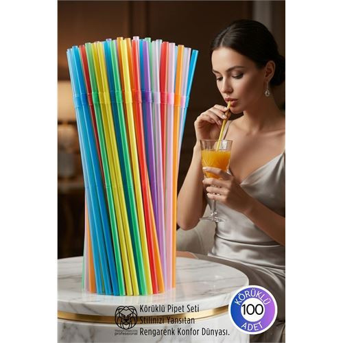 Gökkuşağı Serisi: 100’Lü Esnek Körüklü Lüx İçecek Pipeti – 22 Cm Premium Sunum