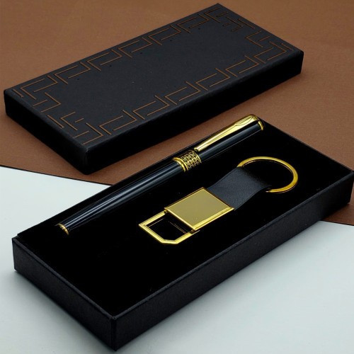 Hediyelik Siyah Kalem Ve Gold Deri Anahtarlık Kutulu Set