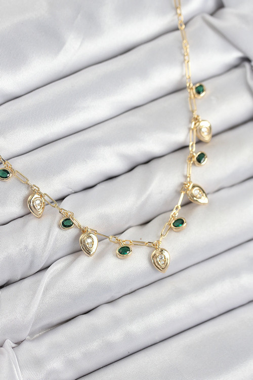 Pirinç Zirkon Taşlı Sallantılı Damla Model Gold Renk Kadın Kolye - Tj-Bko10493