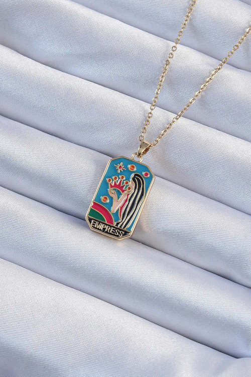 316L Çelik Zincir Altın Renk Taç Ve Kız Figürlü Renkli Mineli Tarot Kolye