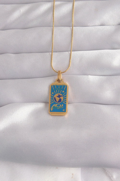 316L Çelik Gold Renk Mavi Mineli El Figür Tarot Kolye - Tj-Bko9040