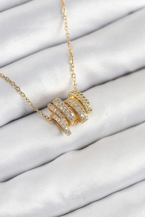 316L Çelik Zirkon Taşlı Sarmal Model Gold Renk Kadın Kolye - Tj-Bko10512