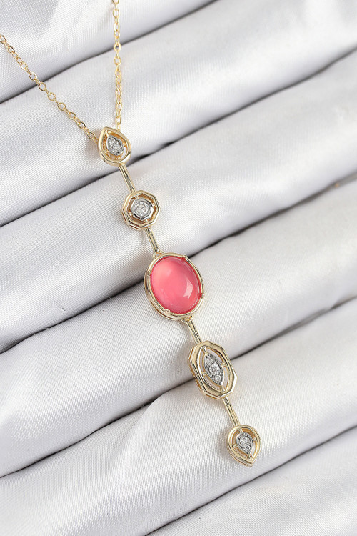 Pirinç Zincir Pembe Gold Renk Zirkon Taşlı Y Kolye - Tj-Bko10556