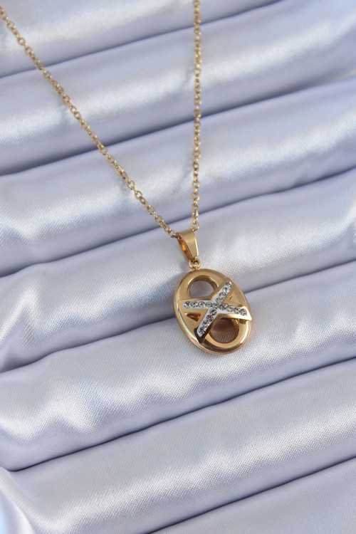 316L Çelik Gold Renk Zirkon Taşlı Kadın Kolye - Tj-Bko7635
