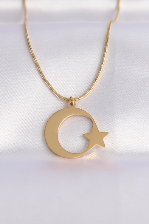 316L Çelik Zincir Gold Renk Ay Yıldız Unisex Kolye - Tj-Bko8699