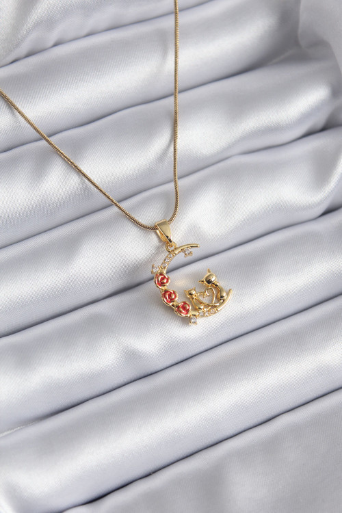 316L Çelik Gold Renk Hilal Kedi Model Zirkon Taşlı Detay Kadın Kolye - Tj-Bko8140