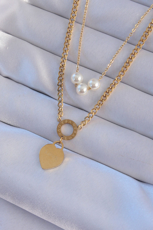 316L Çelik Gold Renk Çift Zincir İnci Detayı Love Kalp Kolye - Tj-Bko8939