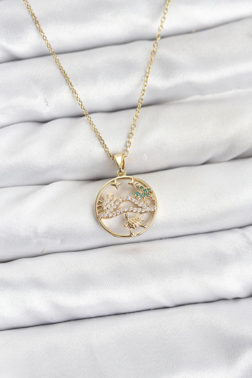 316L Çelik Zincir Gold Renk Şans Kolyesi Model Zirkon Taşlı Kadın Kolye - Tj-Bko10899