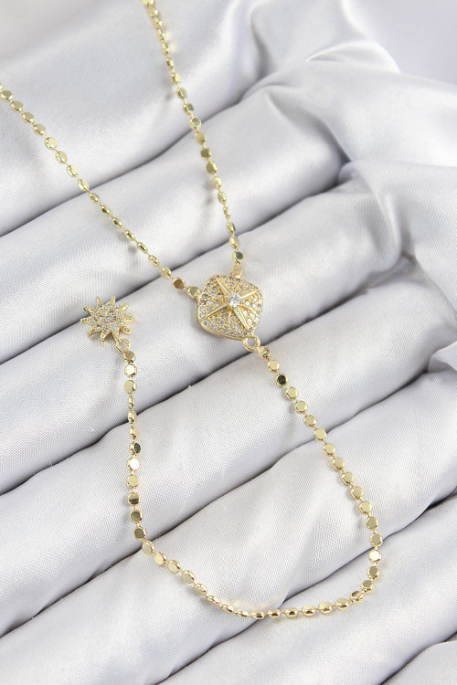 Pirinç Zirkon Taşlı Ezme Zincirli Madalyon Model Gold Renk Y Kolye - Tj-Bko10471