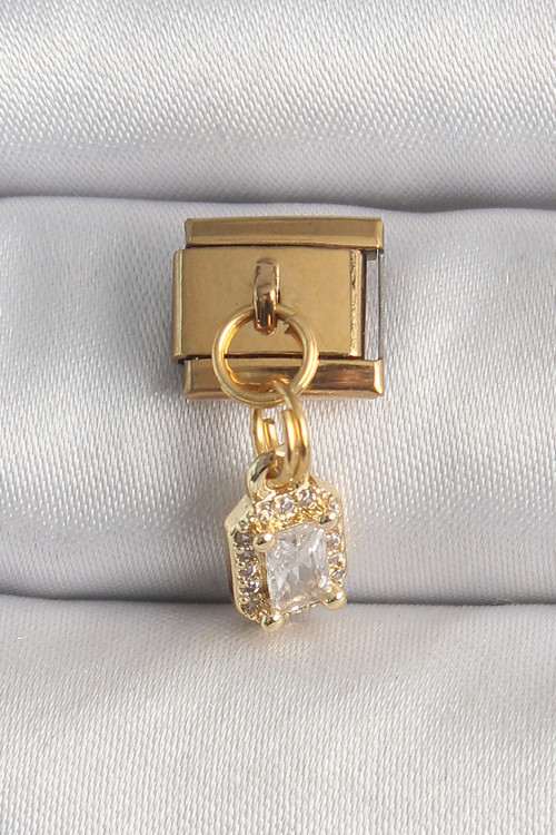 316L Çelik Gold Renk Sallantı Zirkon Taşlı Kare Model Nomination Charm