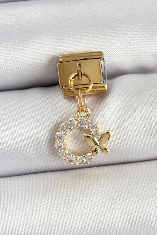 316L Çelik Sallantılı Zirkon Taşlı Detaylı Halka Model Gold Renk Nomination Charm - Tj-