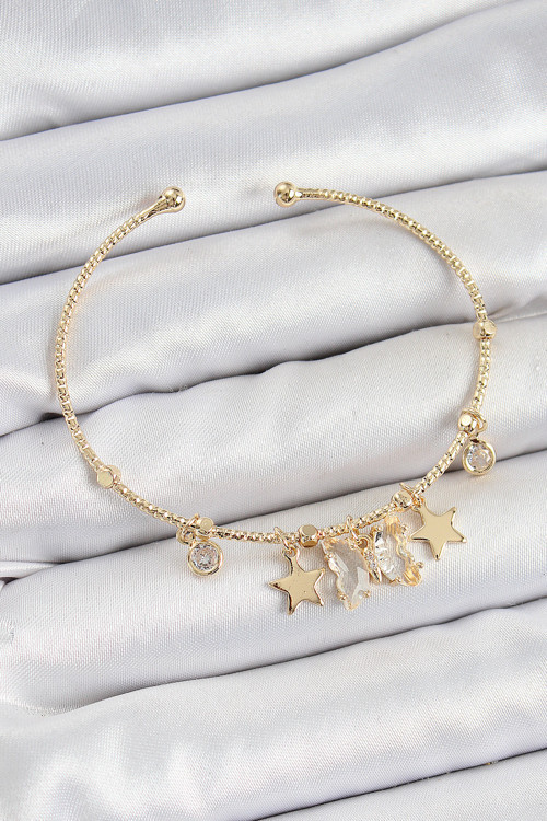 Pirinç Zirkon Taşlı Ve Yıldız Model Gold Renk Charm Bileklik - Tj-Bb7355