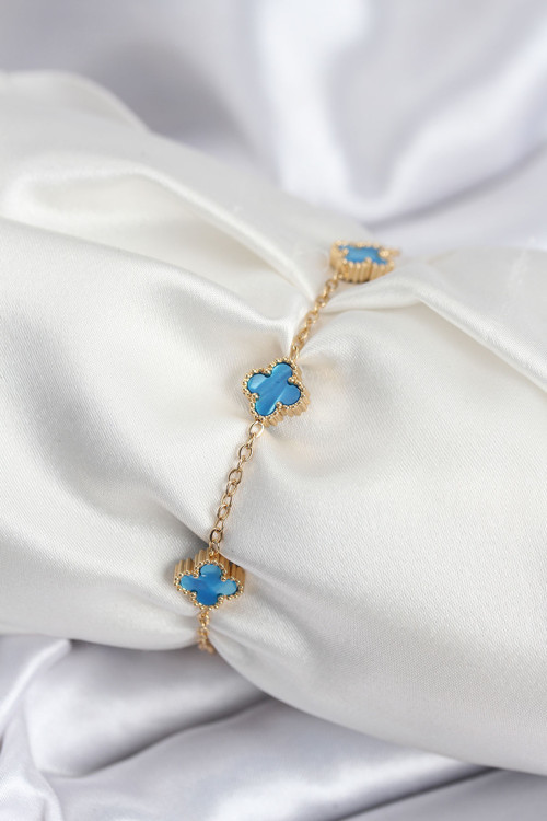 316L Çelik Gold Renk Buz Mavisi Baby Boy Yonca Kadın Bileklik - Tj-Bb7948