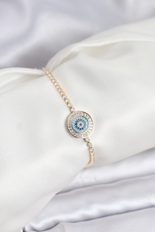 Gold Renk Nazar Model Zirkon Taşlı Asansörlü Su Yolu Bileklik - Tj-Bb8238
