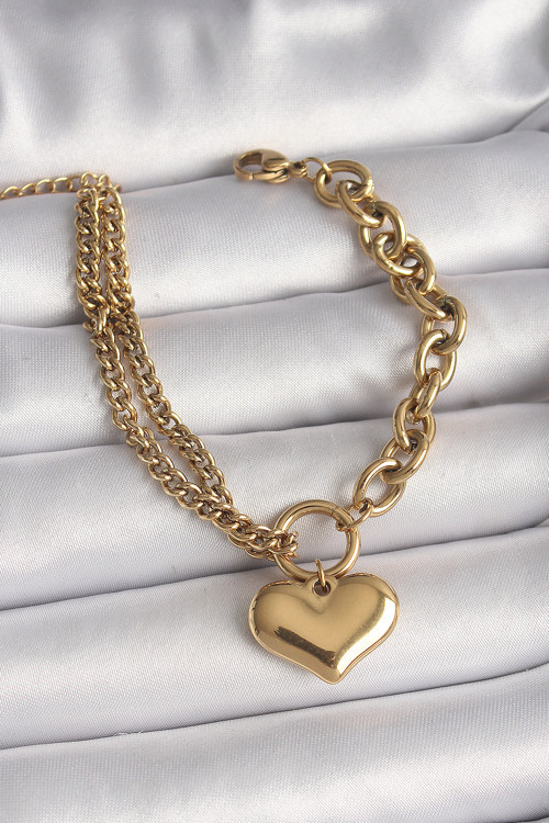 316L Çelik Gold Renk 2'Li Zincir Model Kalp Figür Kadın Bileklik - Tj-Bb6727