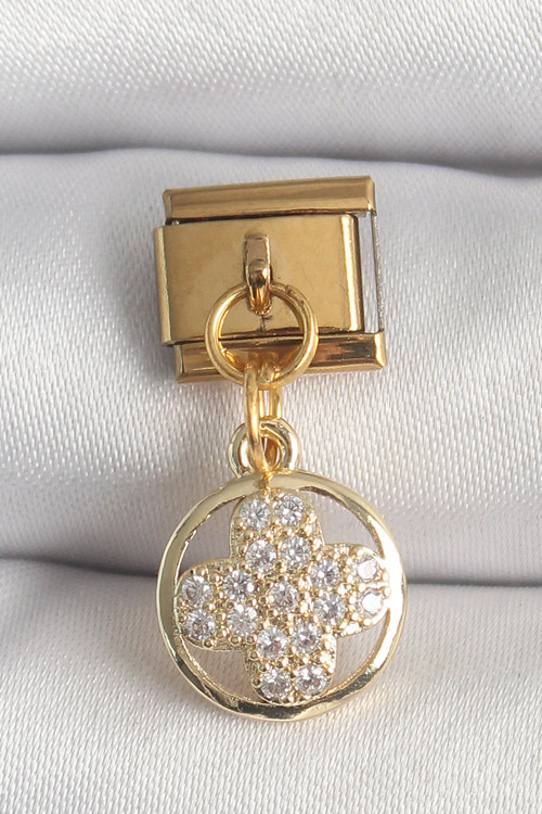 316L Çelik Gold Renk Sallantı Zirkon Taşlı Yonca Model Nomination Charm - Tj-Bc1340
