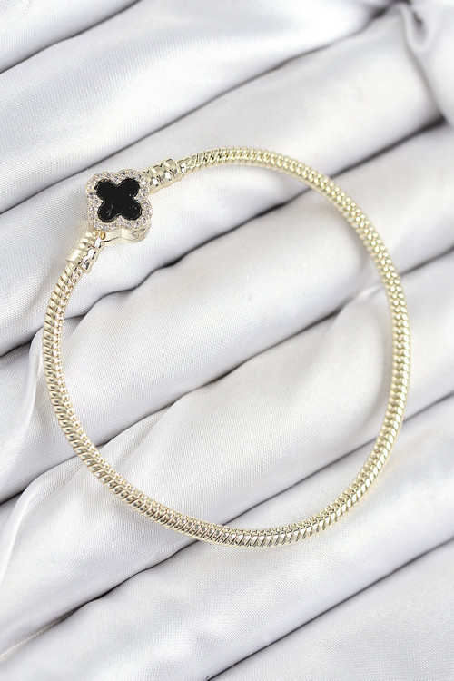 Pirinç Charm Zirkon Taşlı Yonca Model Gold Renk Kadın Bileklik - Tj-Bb7806