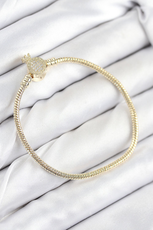 Pirinç Charm Zirkon Taşlı Taç Model Gold Renk Kadın Bileklik - Tj-Bb7808