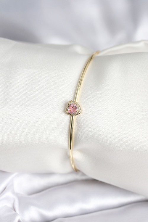 Pembe Zirkon Taşlı Kalp Model Gold Renk Kadın Bileklik - Tj-Bb8001