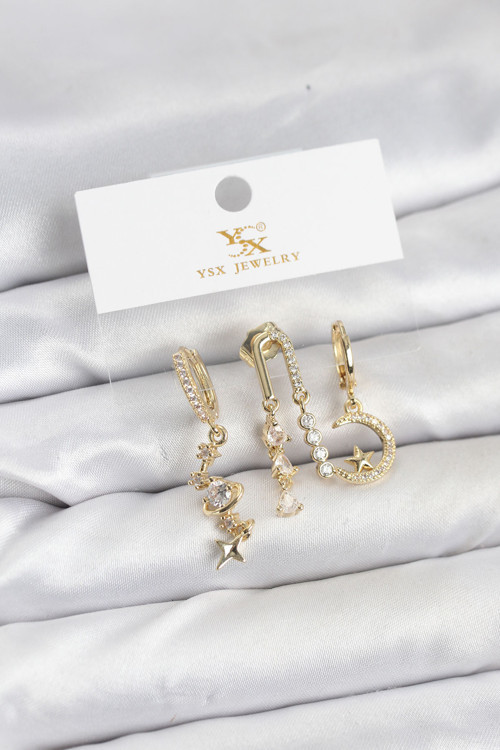 Pirinç Gold Renk Zirkon Taşlı Uzay Model Ysx Trio Küpe Seti