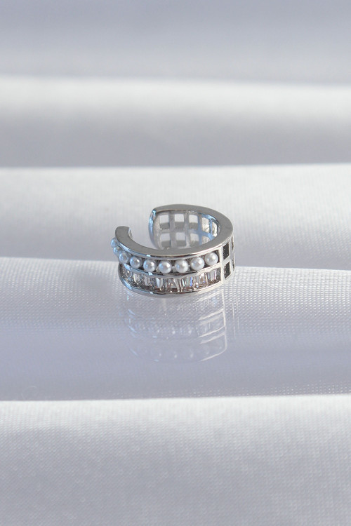 Pirinç Gümüş Renk İncili Baget Taşlı Earcuff Küpe - Tj-Bkp9338