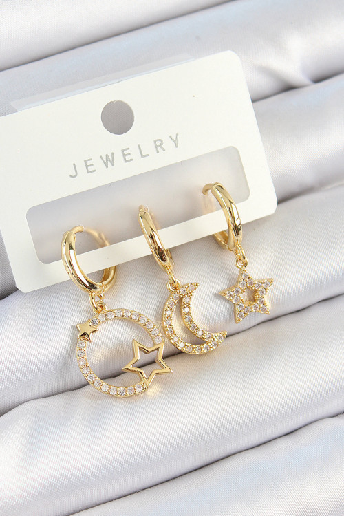 Pirinç Zirkon Taşlı Yıldız Ve Ay Model Gold Renk 3'Lü Çift Kadın Küpe Set - Tj-Bkp10