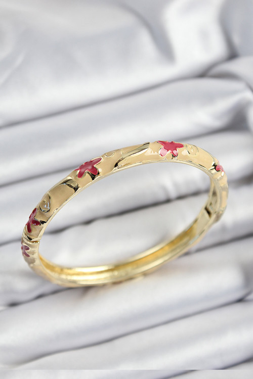 Mineli Pirinç Pembe Ve Krem Çiçek Motifli Gold Renk Kadın Kelepçe - Tj-Bb7370