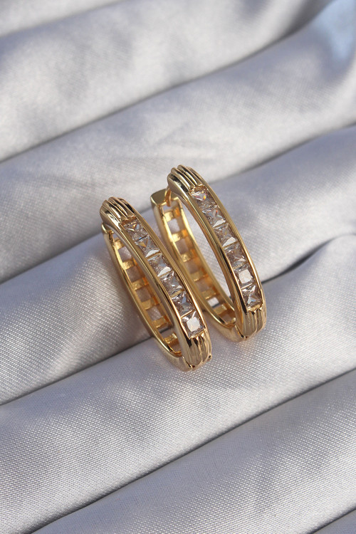 Pirinç Gold Renk Zirkon Taşlı Oval Model Küpe - Tj-Bkp9079