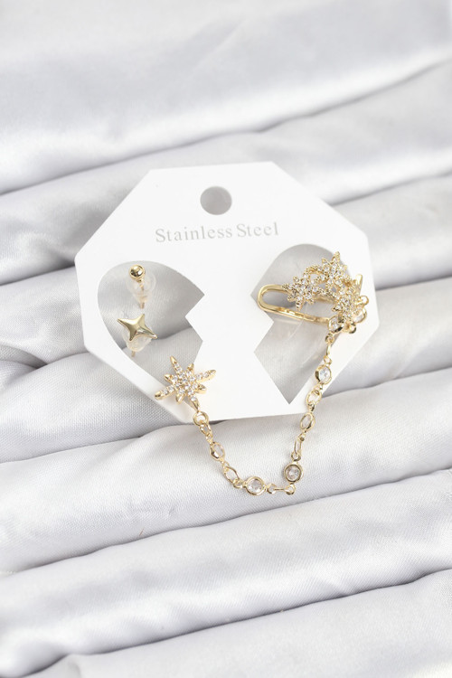 Kutup Yıldızı Model Pirinç Gold Renk Zincir Bağlantılı Ear Cuff Küpe Seti - Tj-Bkp115
